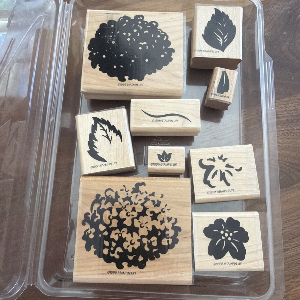 VTG 1998 Stampin Up Definitely Decorative Hydrangea Wood Mount Stamp Set 9 pc
